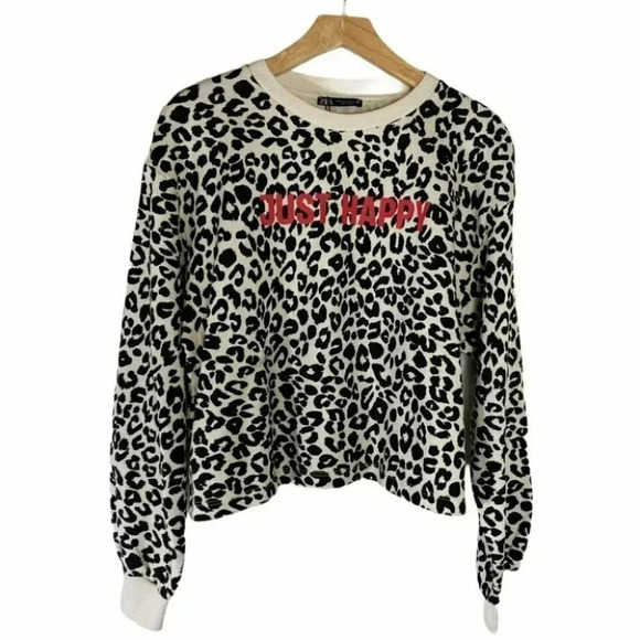 Zara "JUST HAPPY" Cropped leopard print sweatshirt‎ NEW - Picture 1 of 6